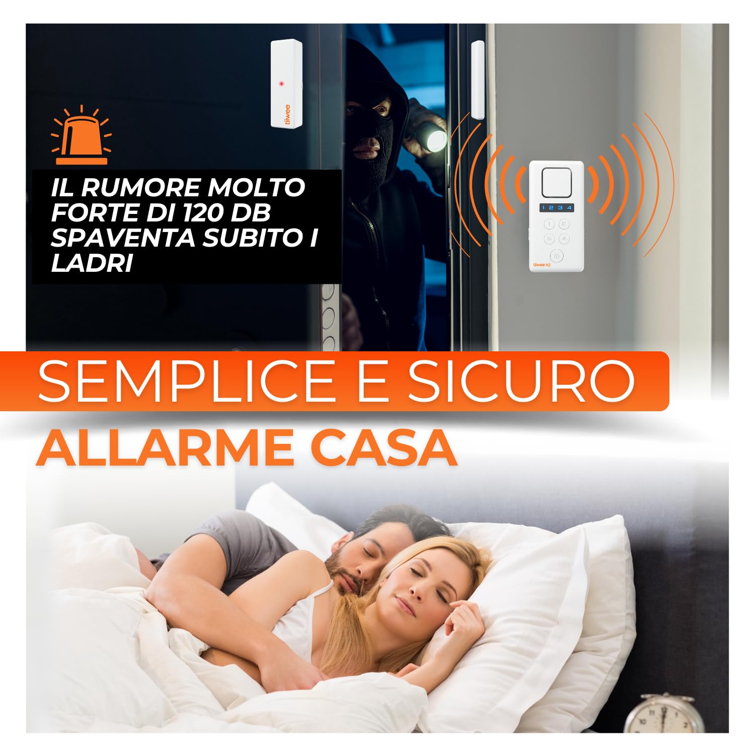 tiiwee X3-XL Allarme per la Casa - Sirena forte da 120 dB, 4 Sensori per Porte e Finestre - Nessun Telecomando Richiesto