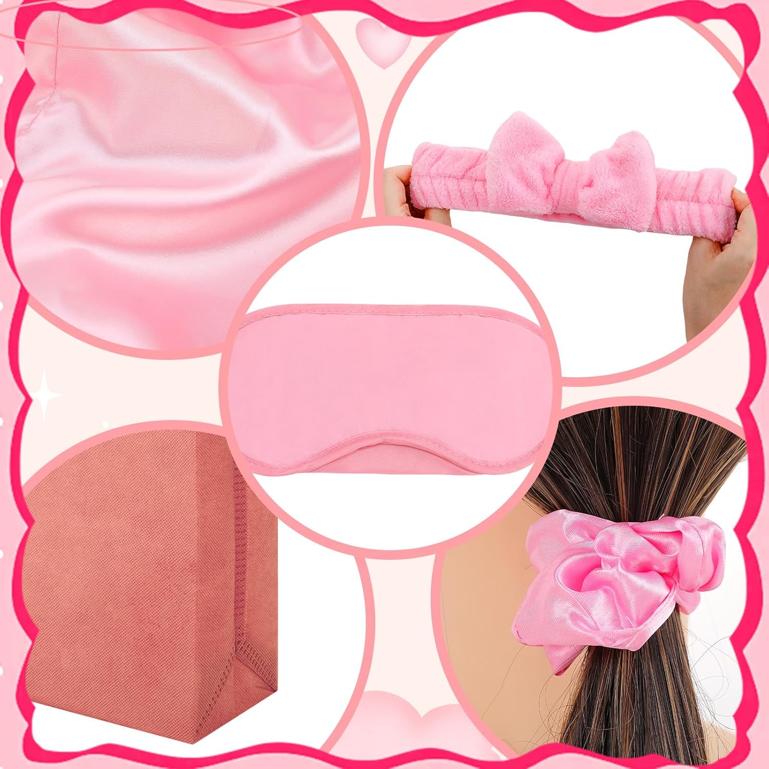 6 Set Girls Spa Party Supplies Kit 83 PCS Includes Satin Robes Headbands Slippers Nail Kit Masks Towel Brush Set for Birthday Sleepover Pink, Hot Pink Birthday Theme