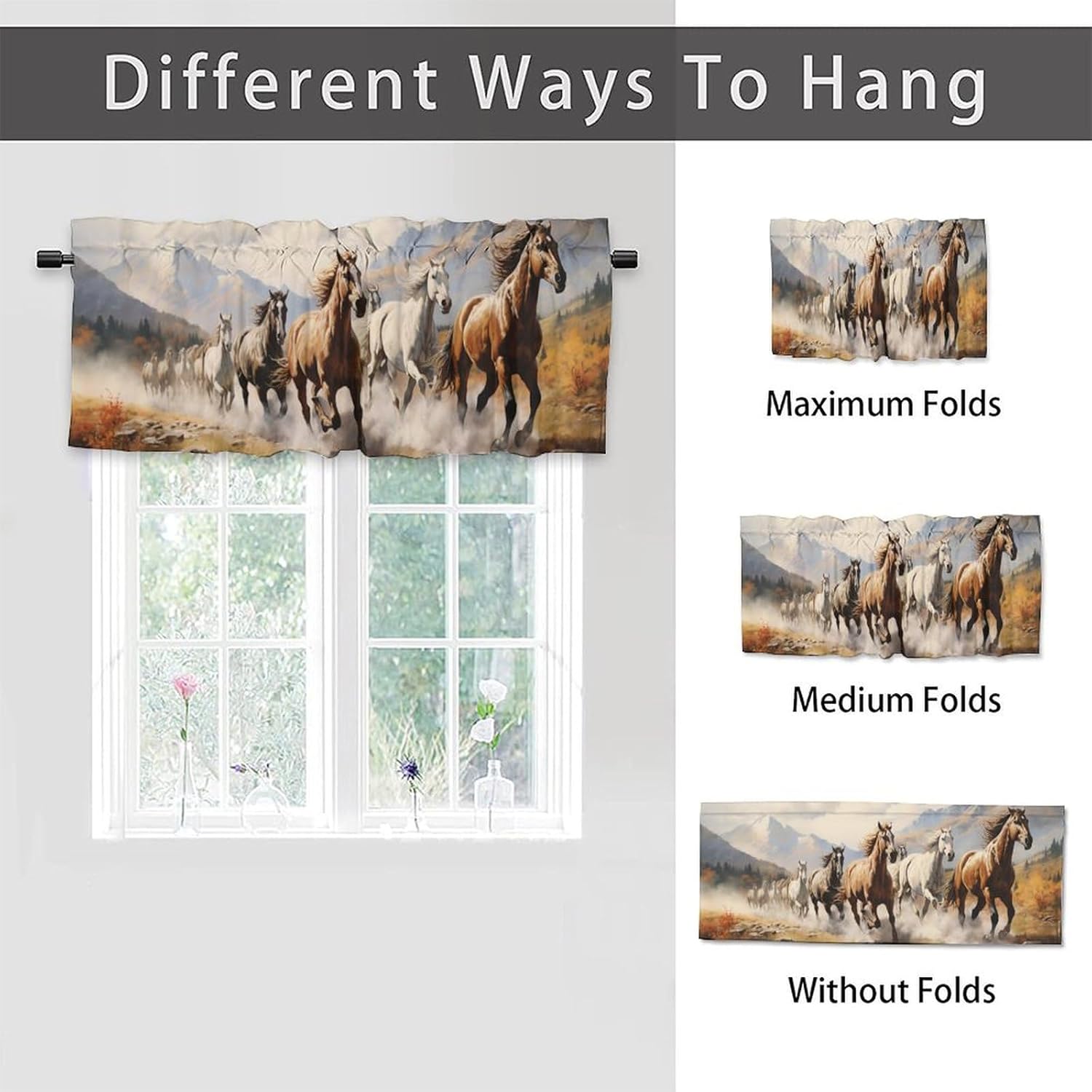 Horses Valance Rod Pocket Window Curtain - Watercolor Western Wild Animal Galloping Running Forest for Living Room Bedroom, Kitchen - 54 by 18 in, 2 Panel