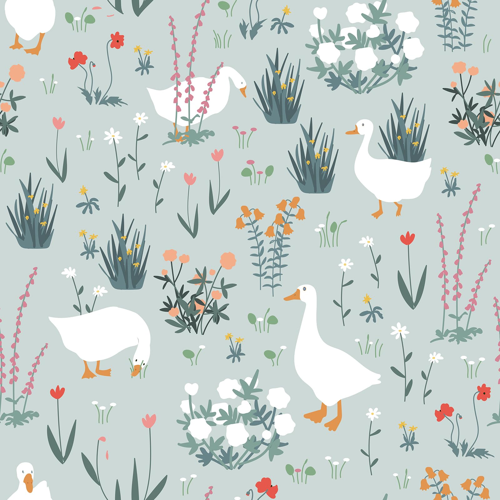 FunStick 44.5CMx9M Papel Pintado Autoadhesivo Botanico Vinilo Adhesivo Flores Pequeñas Verde Azul Revestimiento Pared Gansos Blancos en Los Prados Papel Adhesivo para Habitación Baño Verde Pálido Azul