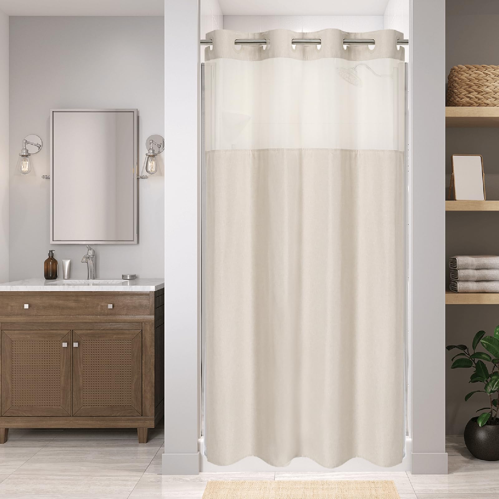 Photo 1 of eachope Stall No Hooks Needed Linen Textured Shower Curtain with Snap-in Fabric Liner Set,Hotel Luxury Decor Shower Curtains for Bathroom,Waterproof & Washable,54Wx80H,Cream