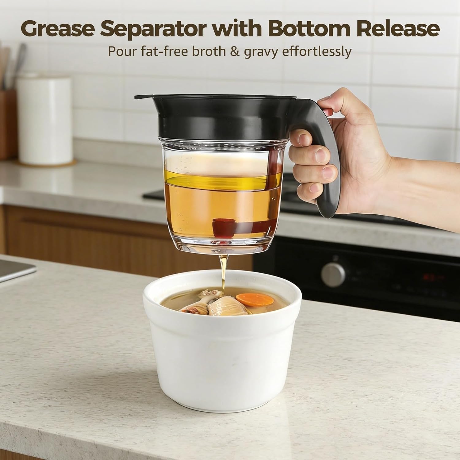 Grease Separator with Bottom Release, 33.8 oz Large Capacity Gravy Separator, Plastic Oil Strainer with Filter, Clear Measuring Cup Body, Ideal for Kitchen Broth, Soup, Sauce and Stew