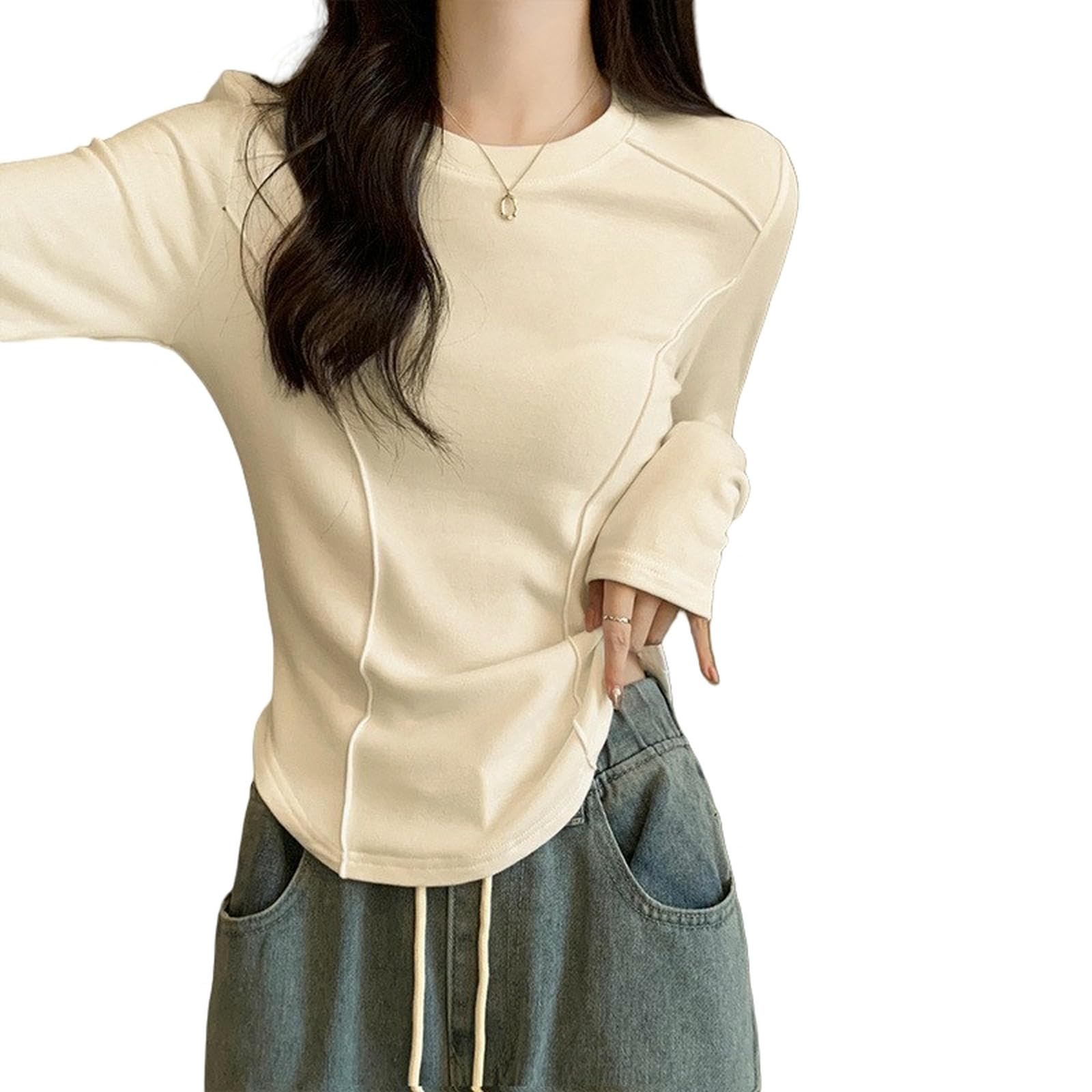 Maglietta A Maniche Lunghe Camicia A Maniche Lunghe alla Moda da Donna Primaverile, Design di Nicchia, Temperamento, Top A Spina di Pesce Sottile-Khaki-a-l