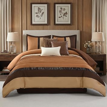 Luxury 7-Piece Queen Bed in a Bag, Brown Patchwork Comforter Set, Farmhouse All-Season Bedding Sets with Pillow Shams & Bed Skirt, Soft Suede Feel Thick Comforter 90"x90"