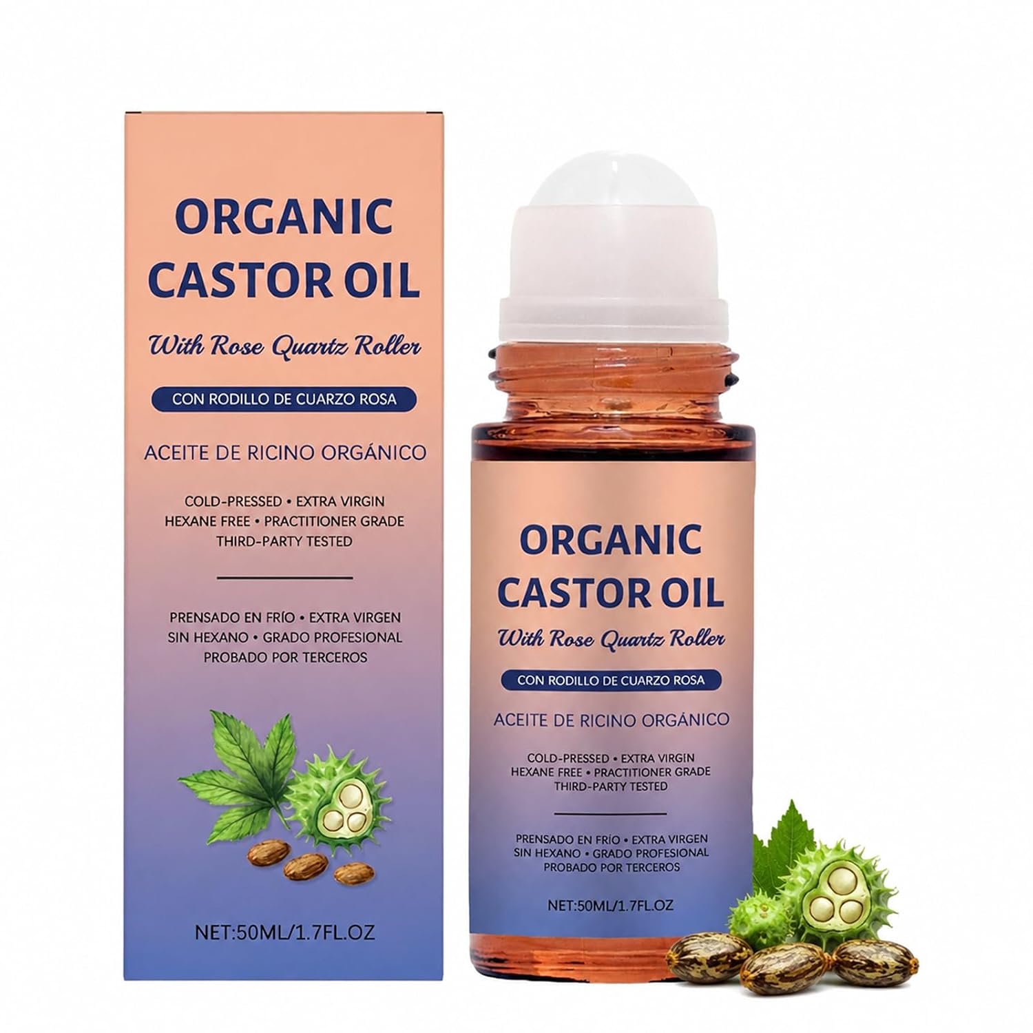 Organic Castor Oil Rose Quartz Roller Ball, Castor Oil Organic Cold Pressed, Organic Castor Oil Roll On for Face, Body and Hair, Radiant Skin, Relaxation, Deeply Hydrates 1.7oz (1PC)