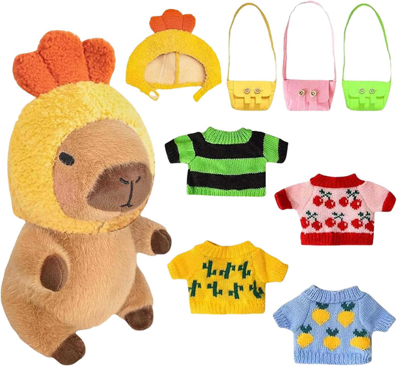 Capybara Plush, 9 Piece Set with Clothes and Accessories, Includes 1 Capybara, 1 Hat, 4 Outfits, and 3 Bags Cuddly Toy for Boys and Girls, Valentine's Day and Birthday Gift