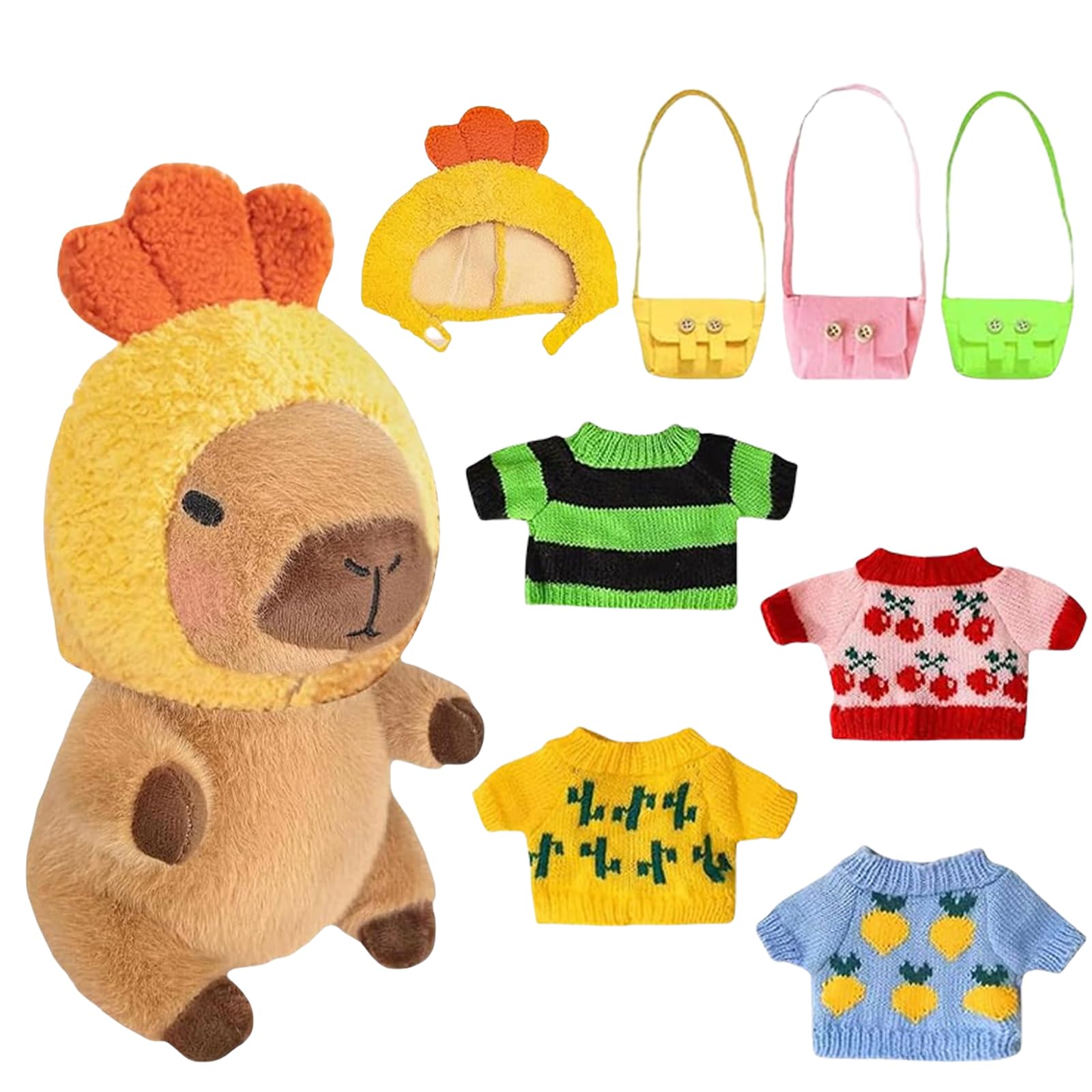 SGFNXB Capybara Plush, 9 Piece Set with Clothes and Accessories, Includes 1 Capybara, 1 Hat, 4 Outfits, and 3 Bags Cuddly, Valentine's Day and Birthday Gift