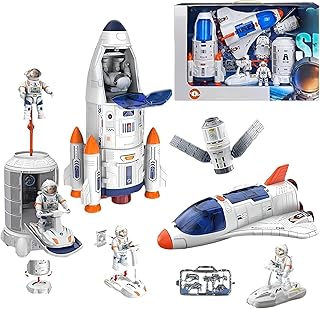 مجموعة العاب صاروخ فضائي للاطفال من سن 3 سنوات فما فوق - لعبة تعلم العلوم والتكنولوجيا والهندسة والرياضيات مع اضواء واصوات - شخصيات رائد فضاء ومكوك ومركبات ومحطة فضائية - هدية تعليمية للاولاد والبنات