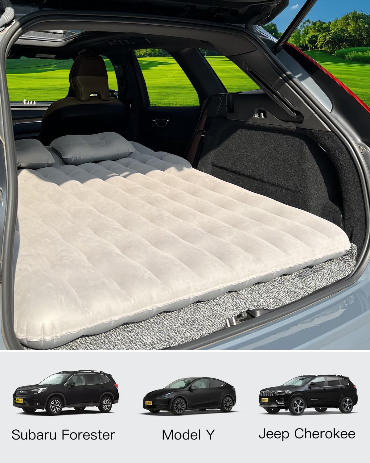 Canodoky SUV Air Mattress, Inflatable Car Mattress Bottle and Phone Holder Thickened Flocking & PVC Surface Car Bed with Electric Air Pump Travel Mattress for Camping Road Trip (Grey)