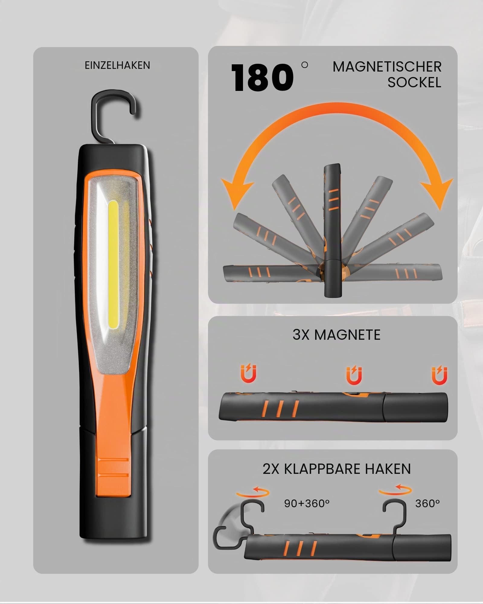 ENUOTEK 7W LED Baustrahler Arbeitslampe | IP65 Dimmbar, Werkstattleuchte Taschenlampe Inspektionsleuchte LED, mit Magnet und Zwei Haken, Hohe Helligkeit 700Lm