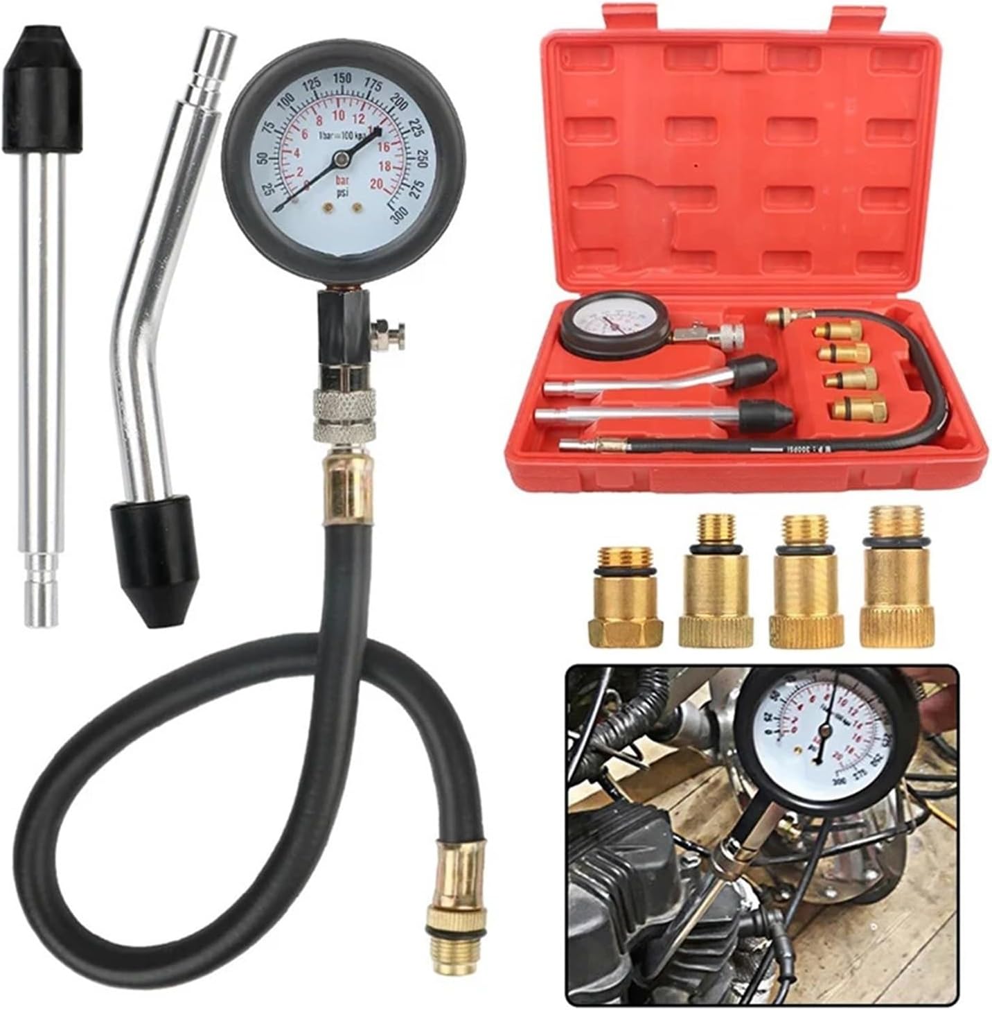 Gasoline Engine Compression Meter with M10 M12 M14 M18 Adapter 0-300 PSI Pressure Gauge Automotive Cylinder Tester Kit