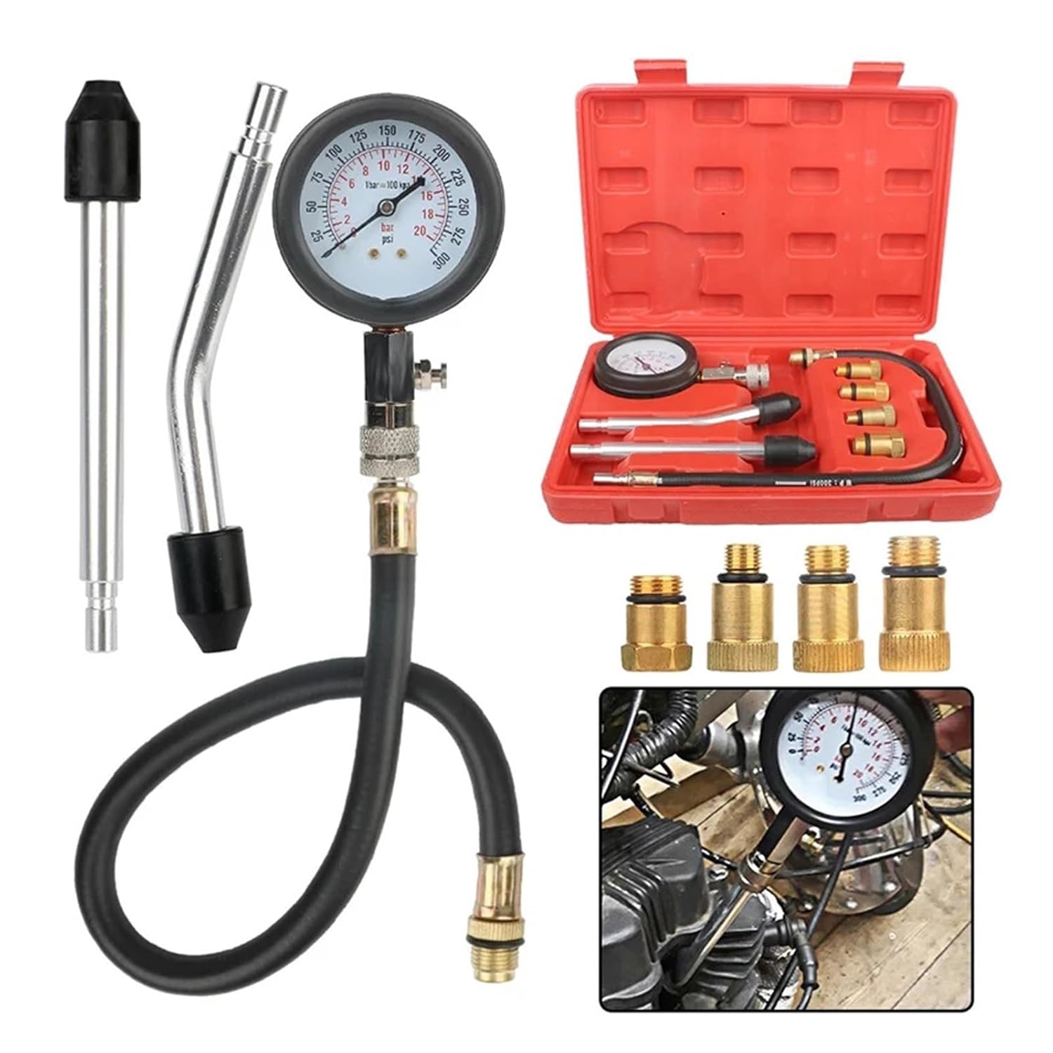 Engine Compression Gauge, Adapter, Range 0-110PSI, Automotive Cylinder Test Kit, Suitable for Most Car Models.