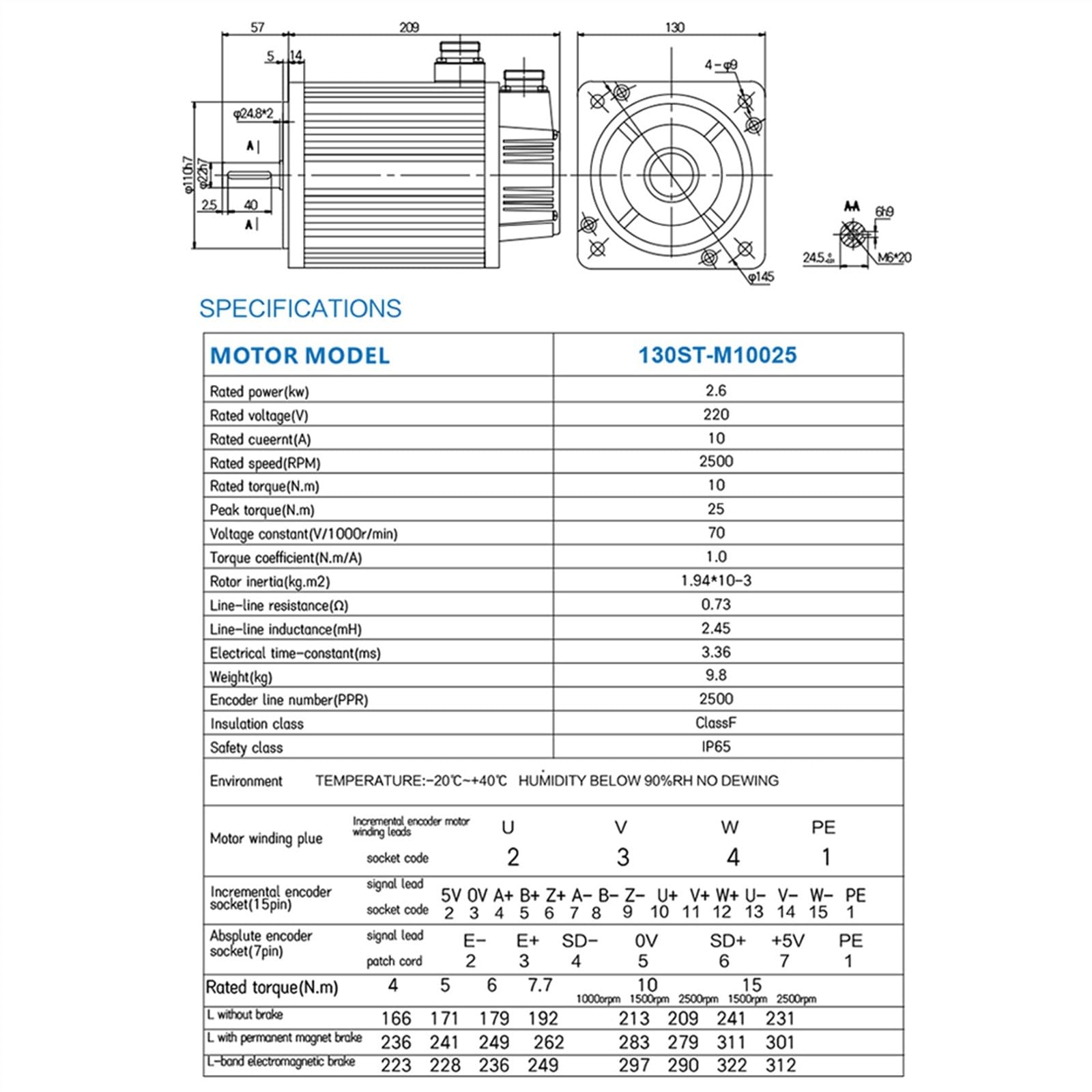 Silnik krokowy, Silnik serwo AC 2,6KW 130ST-M10025 10N.m 2500 obr./min 2600W 220 380 Silnik jednofazowy dopasowany sterownik T3L-L30F-GABF do CNC(With Brake 220)