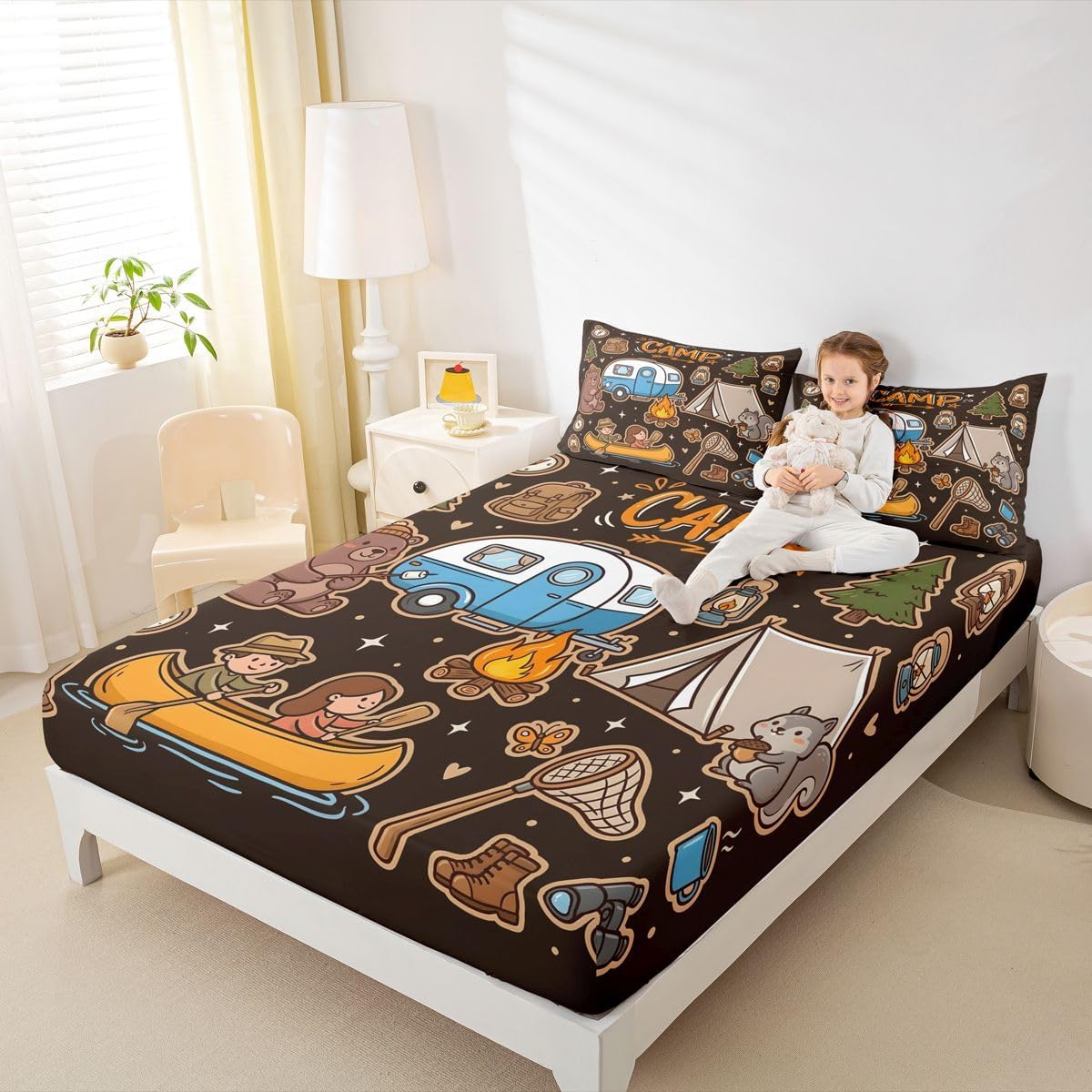 Erosebridal Happy Camping Camper Full Fitted Sheet, Camping Lover Gifts Kids Bedding Sets for Girls Boys, Outdoor RV Travel Trailer Bed Set, Forest Theme Sheets Sets Bedroom Decor image 3