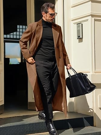 Runcati Mens Full Length Trench Coat Notched Lapel Long Jacket Double Breasted Classic Winter Overcoat