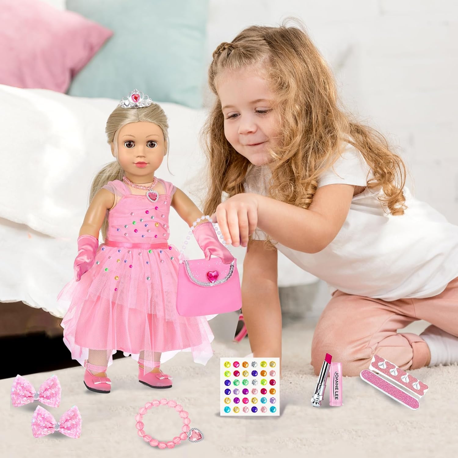 American 18 inch Girl Doll Clothes and Accessories - Princess Dress, Crown, Necklace, Lipstick, Makeup Palette, Nail Kit, Satchel, Gloves, Shoes, Sticky Rhinestones,Hair (No Doll) - Image 6
