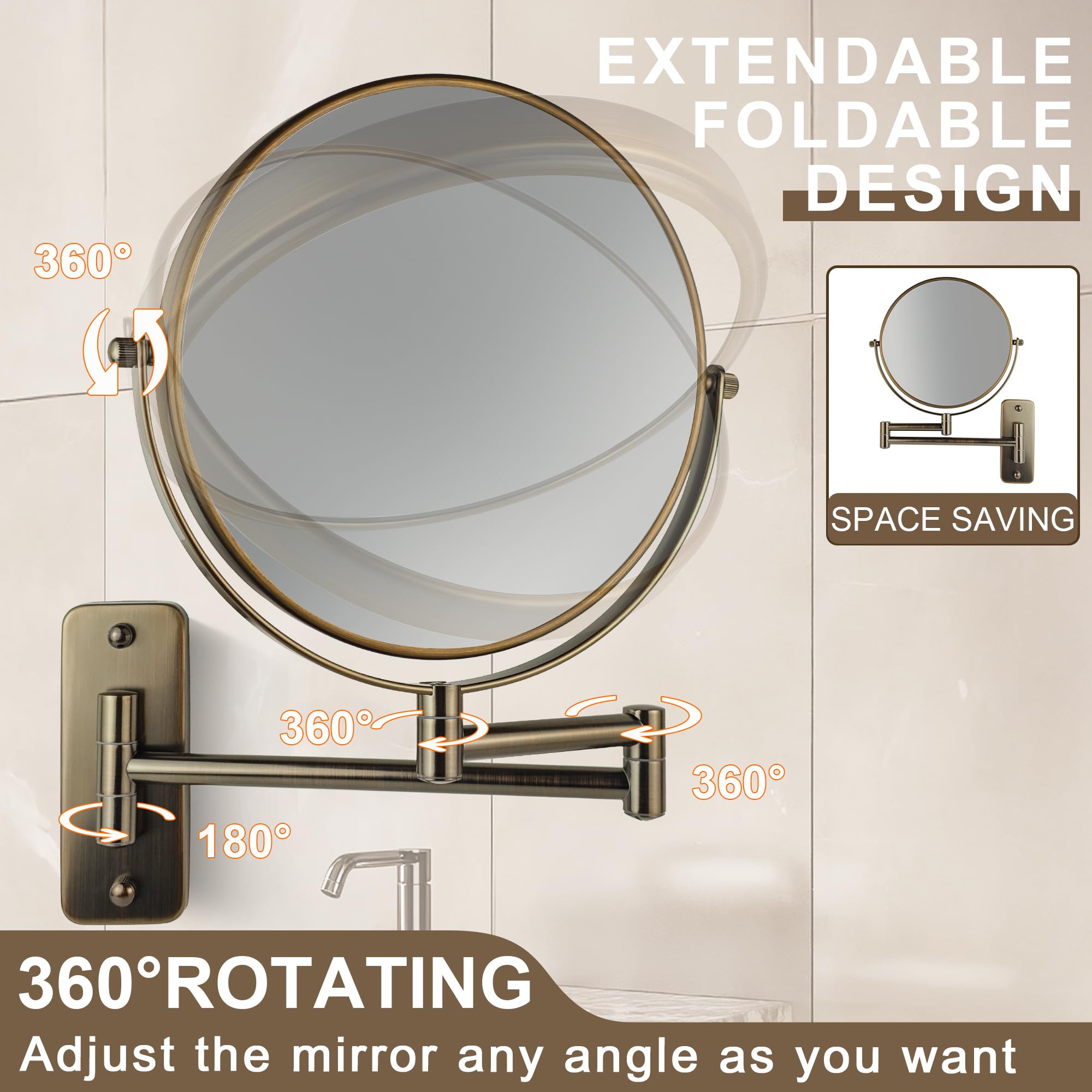Espejo de maquillaje para baño, espejo lateral doble montado en la pared con brazo de natación para rotación de 360 grados, aumento 1X/10X para tocador, baño, dormitorio (10X)