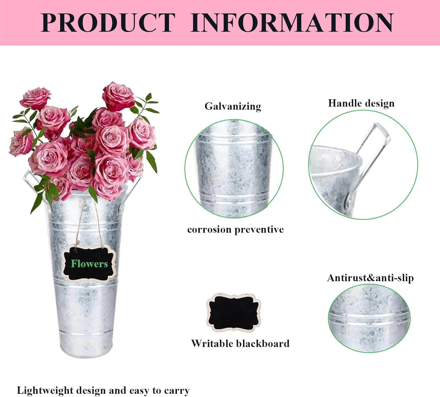 10 Set Galvanized Flower Buckets Farmhouse Flower Vases Metal Vases for Flowers Rustic Flower Bucket with Small Chalkboard Label Metal Flower Buckets for Flowers Wedding Table Centerpieces (10inch