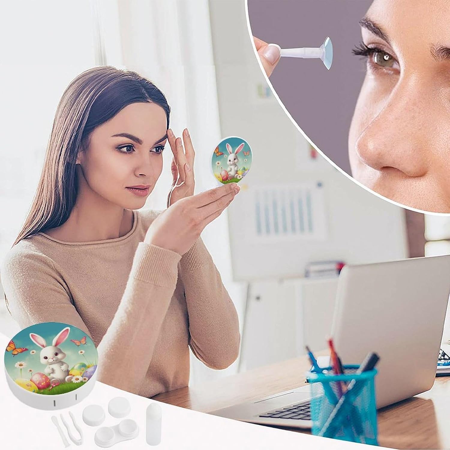 Easter Bunny with Eggs And Spring Butterfly Contact Lens Case Portable, Eyeglasses Case with Built-in Mirror, Contact Lens Box with Tweezers And Solution Bottle for Daily Outdoor (Round)
