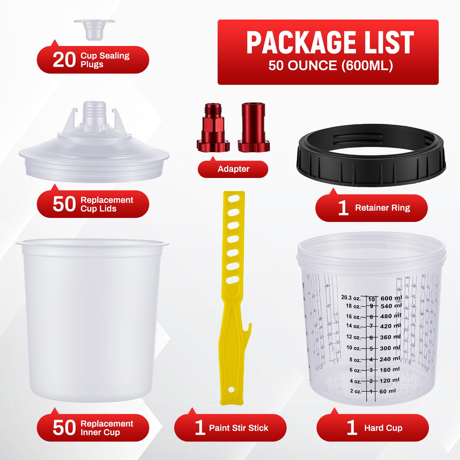 50x 600ml Einweg-Becher für Farbsprühpistole, Farbmischbecher mit 125μm Filterdeckel & 2 Adaptern, 20 Verschlussstopfen, 1 Hartbecher, Rührstab – für Lackierbedarf, Grundierung, Klarlack