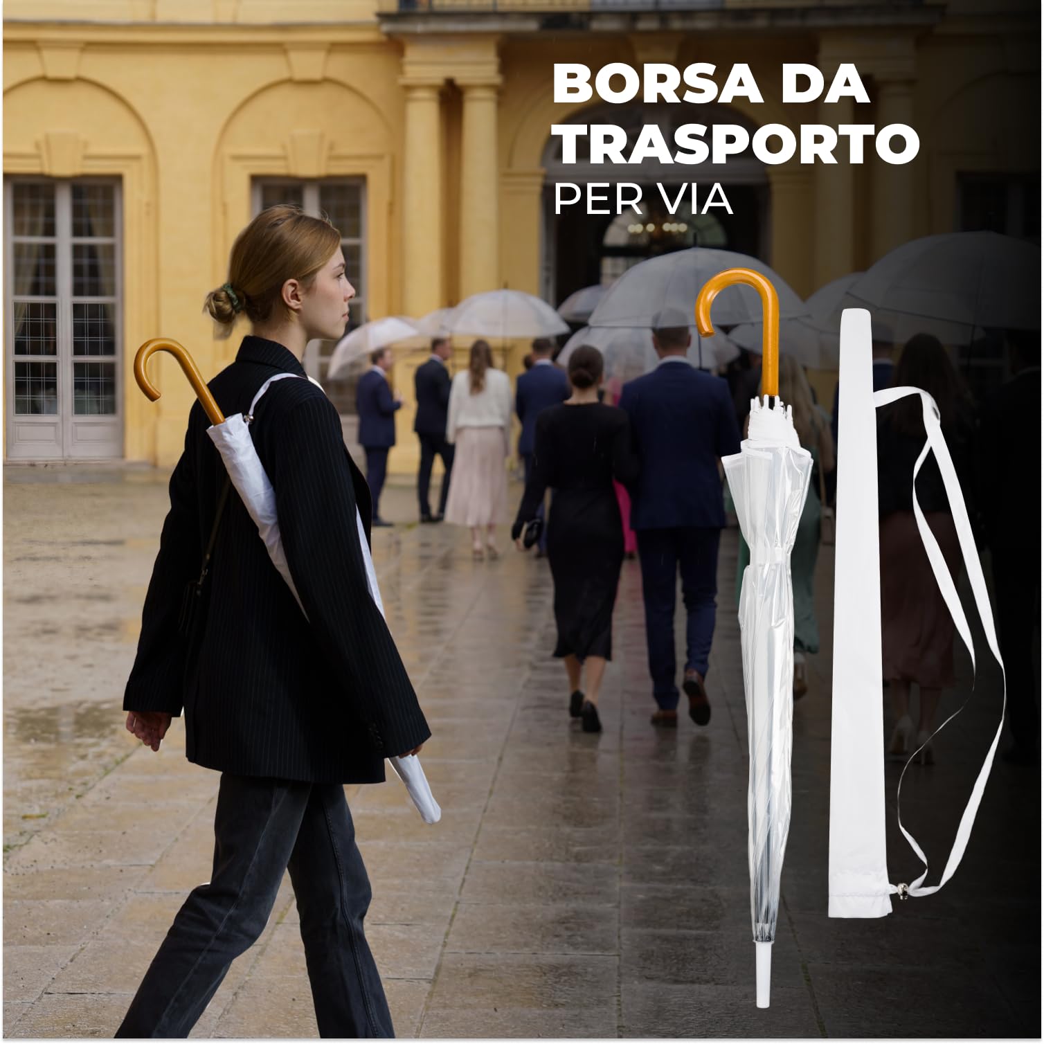 LOGAN & BARNES Ombrello da matrimonio trasparente con manico di alta qualità in vero legno Ø120 cm – Elegante grande ombrello per 2 persone, trasparente XXL – Modello CARDIFF