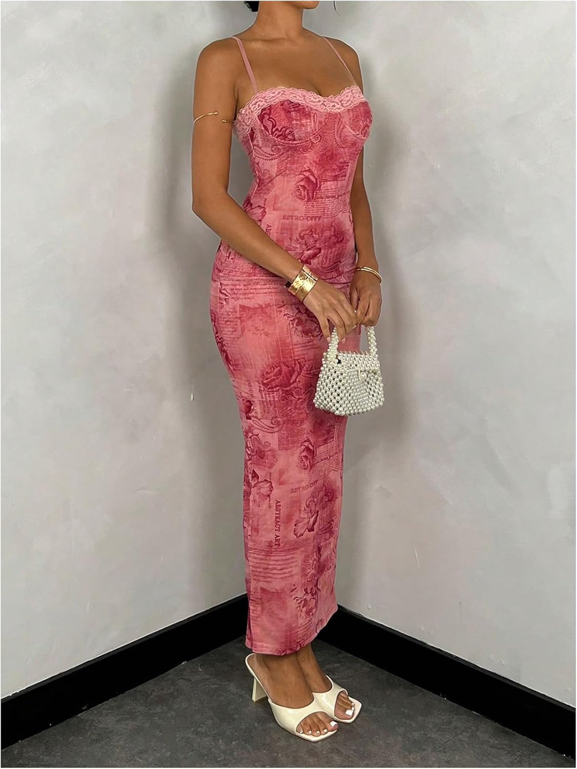 WDIRARA Women's Floral Print Sleeveless Bodycon Dress Lace Up Split Back Long Cami Dress - Image 4