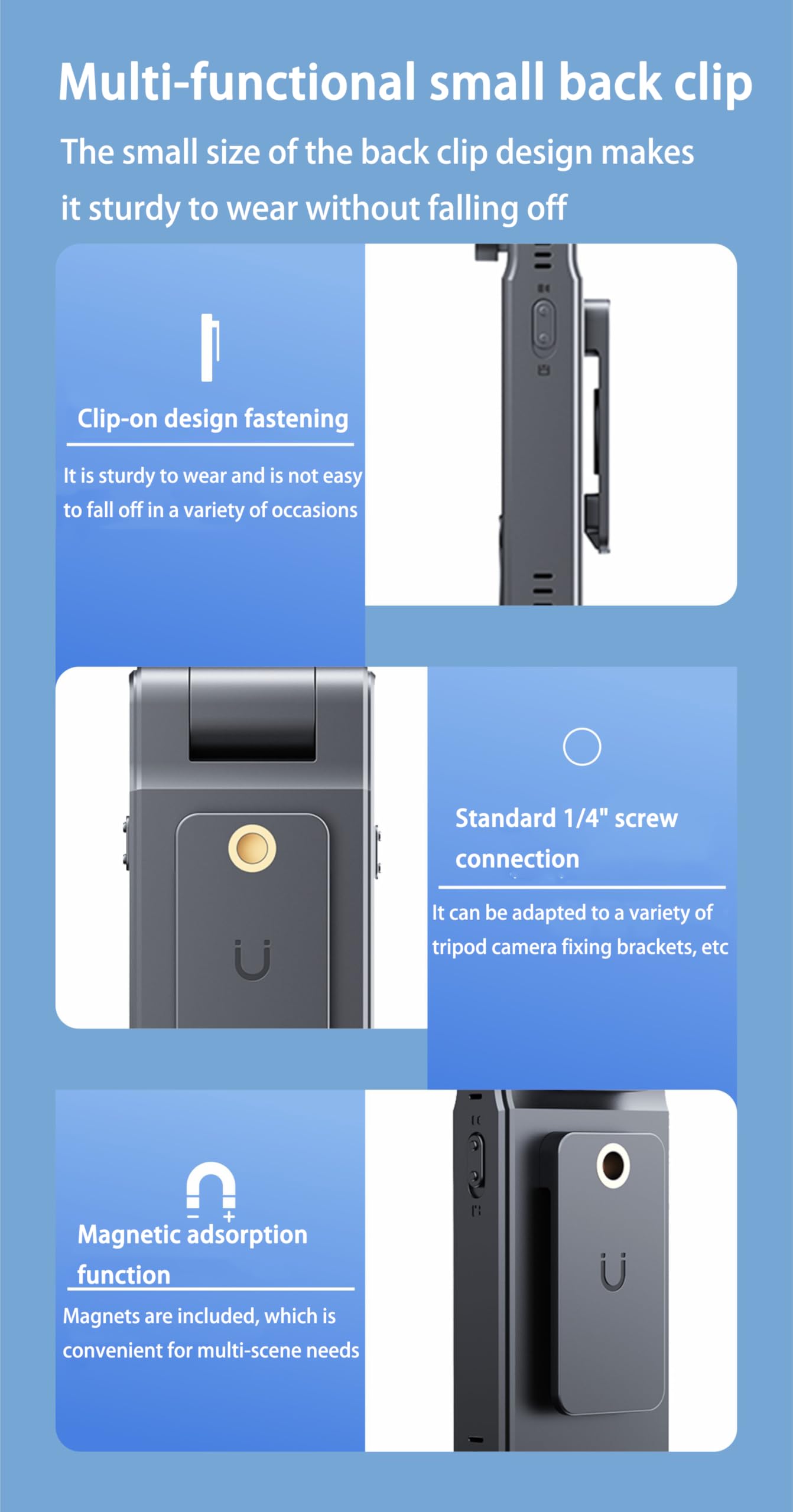 Details of the camera's multifunction back clip