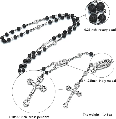 Miniatura 2 de SALOMOCA Collar de rosario de cuentas con crucifijo y medalla de Nuestra Señora de Guadalupe, cuentas de roca volcánica negra, rosarios de oración