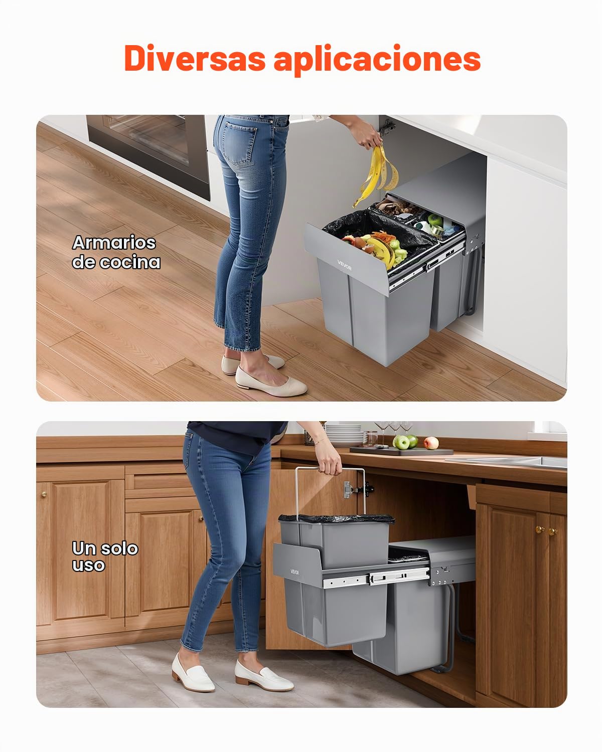 VEVOR Cubo de Basura Extraíble para Armarios Cocina, 20+10+10 L, Doble bajo Fregadero, para Reciclaje, con Sistema Deslizante de Extensión Completa de Metal Resistente y Asa, 492 x 340 x 430 mm