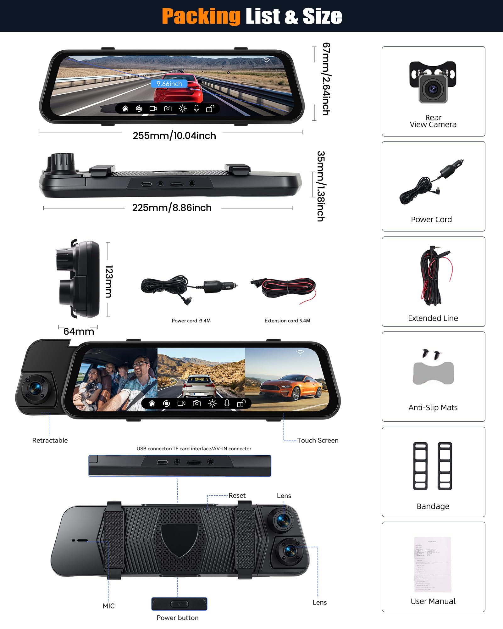 CAMECHO 1080P Rückspiegel 9,66 Zoll Spiegel-Dashcam für Autos mit 3 Kameras 720P, vorne 150° und hinten Dashcam 120° mit Rückfahrlinie, Nachtsicht, G-Sensor, 64 GB Speicherkarte, WLAN-App