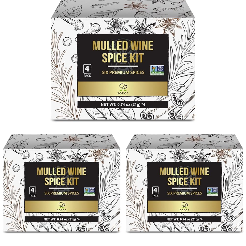 Soeos Mulled Wine Spice Kit 2.96 oz (0.74 oz*4), Mulling Spices for Wine, Apple Cider, and Tea, Mix of Six Premium Mulling Spices, Including Cinnamon, Star Anise, Cloves, Rosemary, Bay Leaf, and Nutmeg