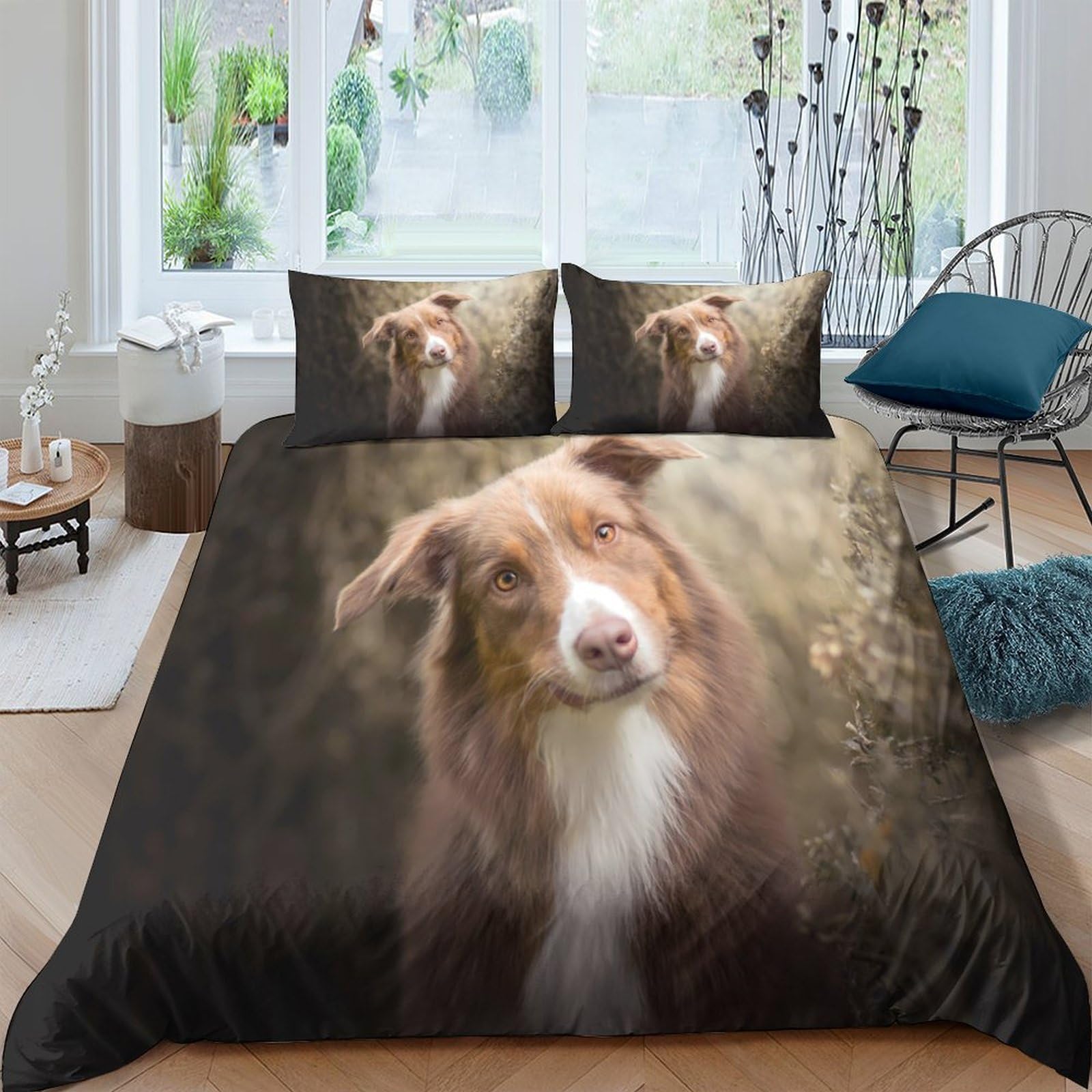 GPLZQXKJNH 3D Printed Brown Border Collie Duvet Cover Microfiber Soft Breathable Forest Dog Bedding Set with 2 Pillowcases for Bedroom Decor Single（135x200cm）