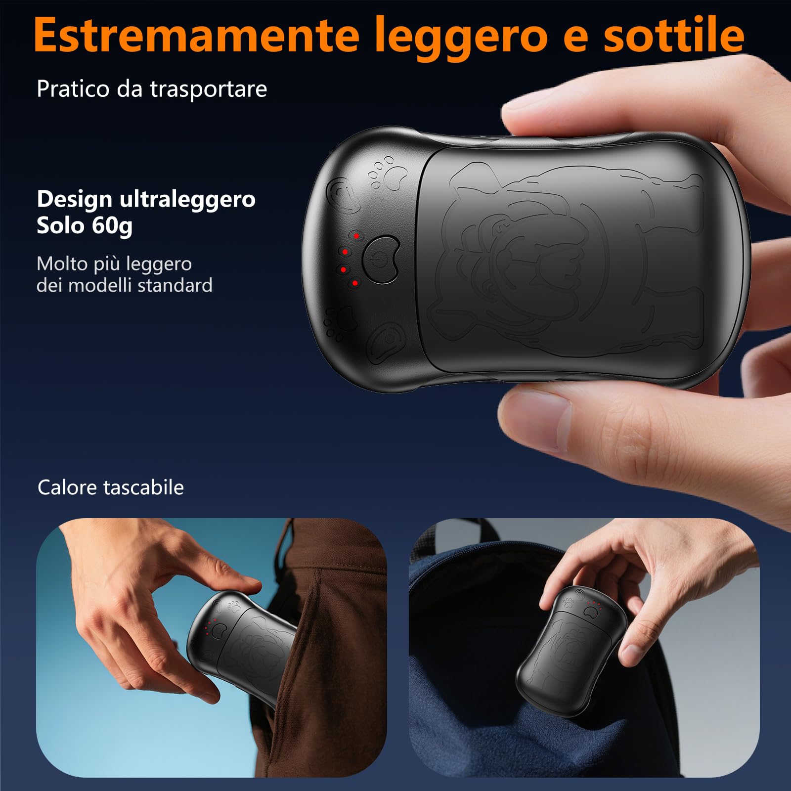 Scaldamani Elettrico 2-in-1 6000 mAh Ricaricabile 4 Livelli Temperatura 18 Ore Motivo Bulldog
