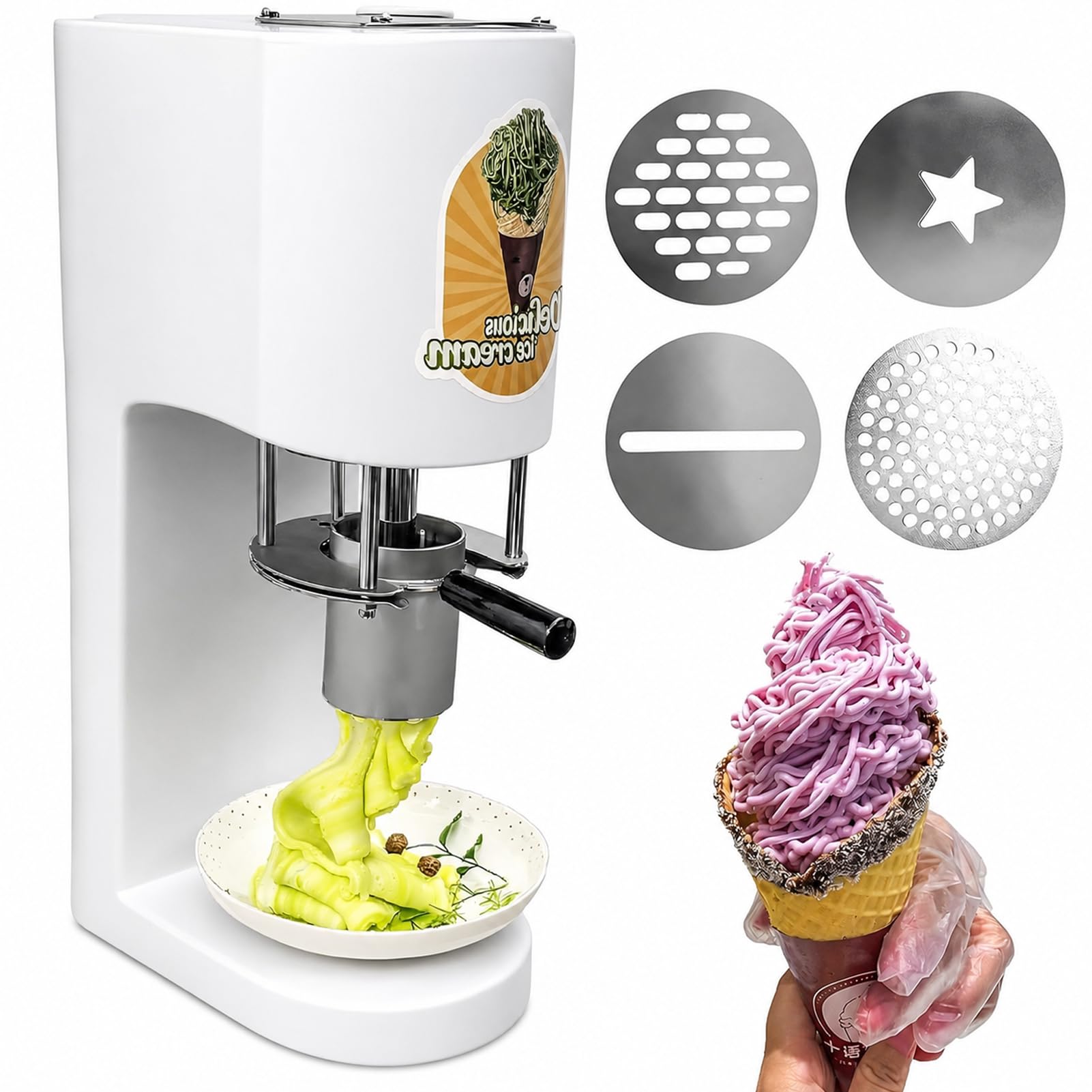 LYJIANGXIN Commercial Ice Cream Noodle Maker Machine, 80W Electric Spaghetti Ice Cream Extruder with 4 Mold Attachments, High Capacity Soft Serve Dessert Machine for Cafés & Restaurants