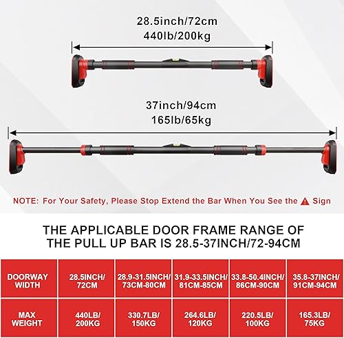 Miniatura 4 de TOPOKO Barra de dominadas para puerta, barra de entrenamiento de fuerza sin tornillos, ancho ajustable con mecanismo de bloqueo, barra de dominadas