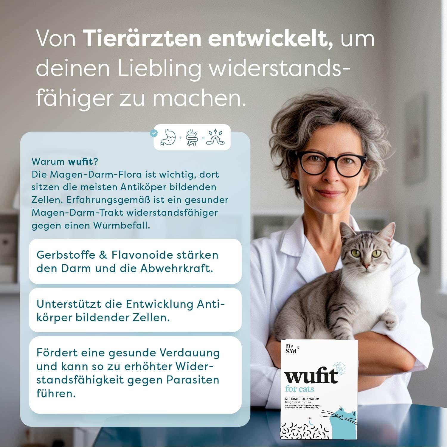 Dr. SAM wufit pour Chats à Base de Plantes - Paquet mensuel - Soutien de la Fonction Gastro-intestinale Naturelle après Une infestation de vers (Moins de 5kg)