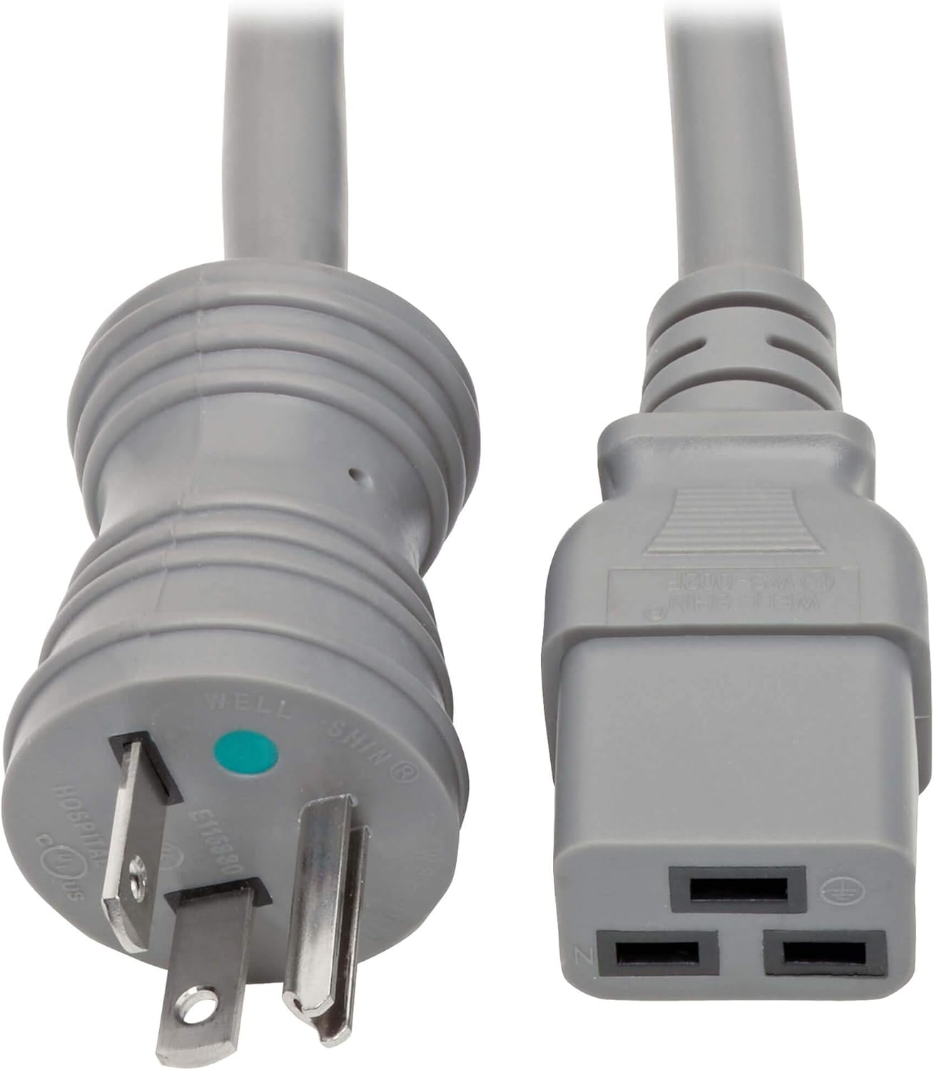 Tripp Lite Hospital-Grade Power Cord (Nema 5-20P to C19), Heavy Duty, 20A, 125V, 12AWG, 6 ft., Grey (P049-006-GY-HG)
