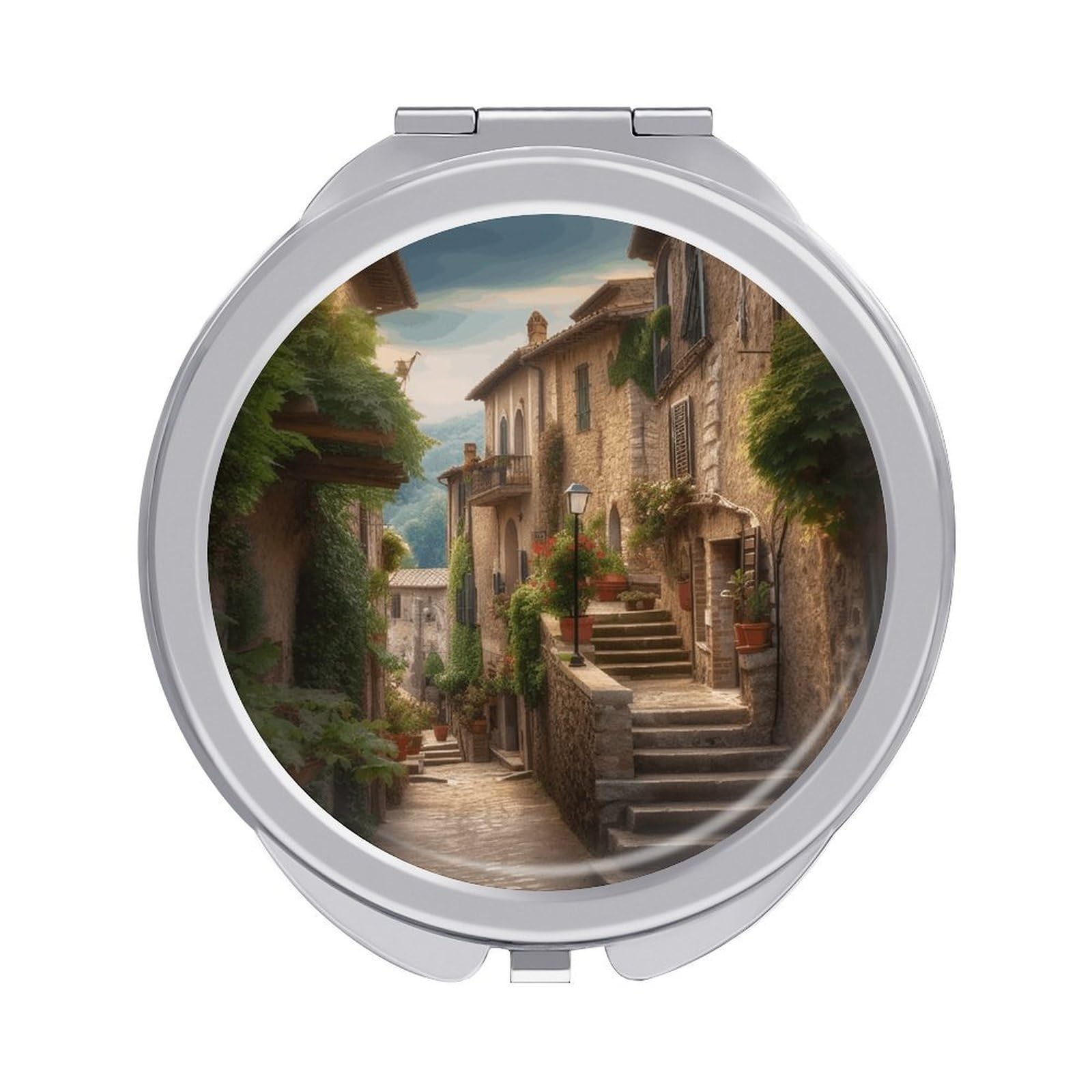 VstaDank Italy Tuscan Travel Makeup Mirror Cute Compact Mirror for Women 1X/2X Magnifying Metal Pocket Makeup Mirrors Folding Round Makeup Mirrors for Handbag Wallet & Gift