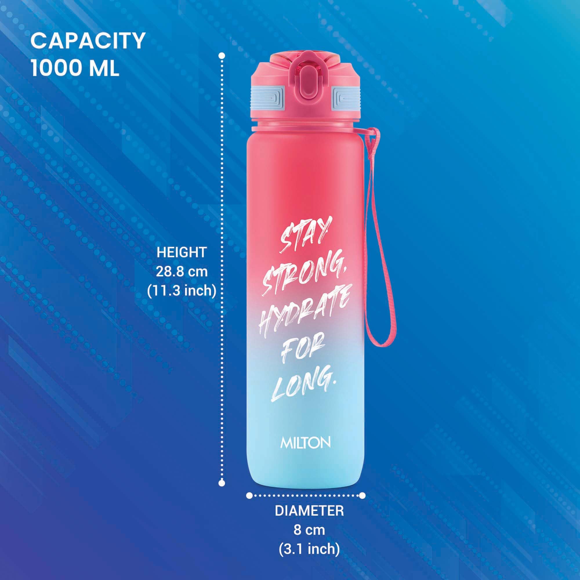 MILTON Gen'Z Motivierende Wasserflasche aus Kunststoff, 1000 ml (Stay Strong), Trinkflasche für Erwachsene, Kinder, unzerbrechliche Wasserflasche mit Kapazitätsmarkierung, Büro, Schule, Zuhause, Rot