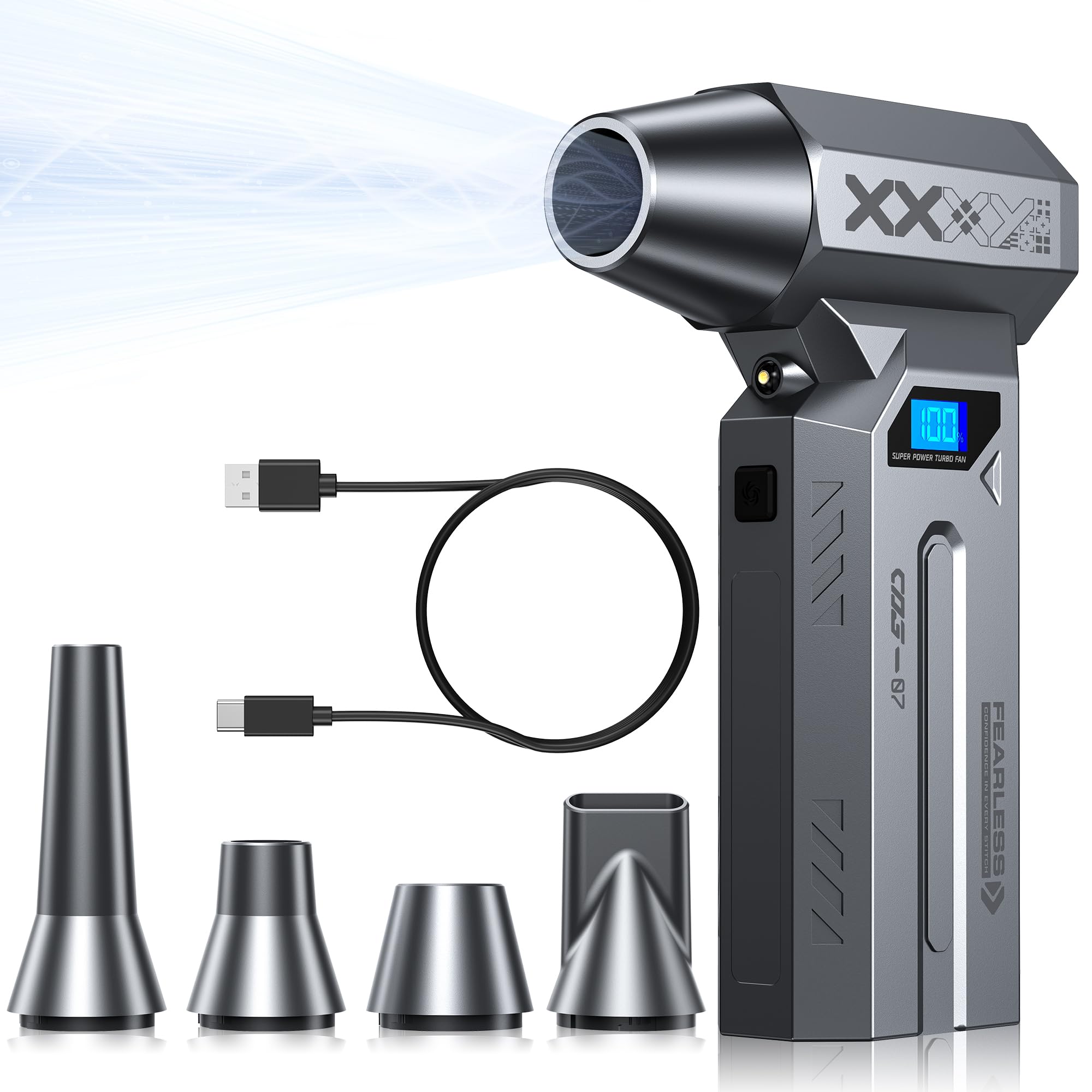 BLUERISE エアダスター 電動ブロアー 最大120000RPM高速回転 最大風圧約180g 小型 ブロワー LEDライト付き 4段階風量調整 充電式 5200mAh大容量バッテリー 4種類ノズル付き PC掃除/車内/エアコン/家具/キーボード/洗車/照明用 日本語取扱説明書付き