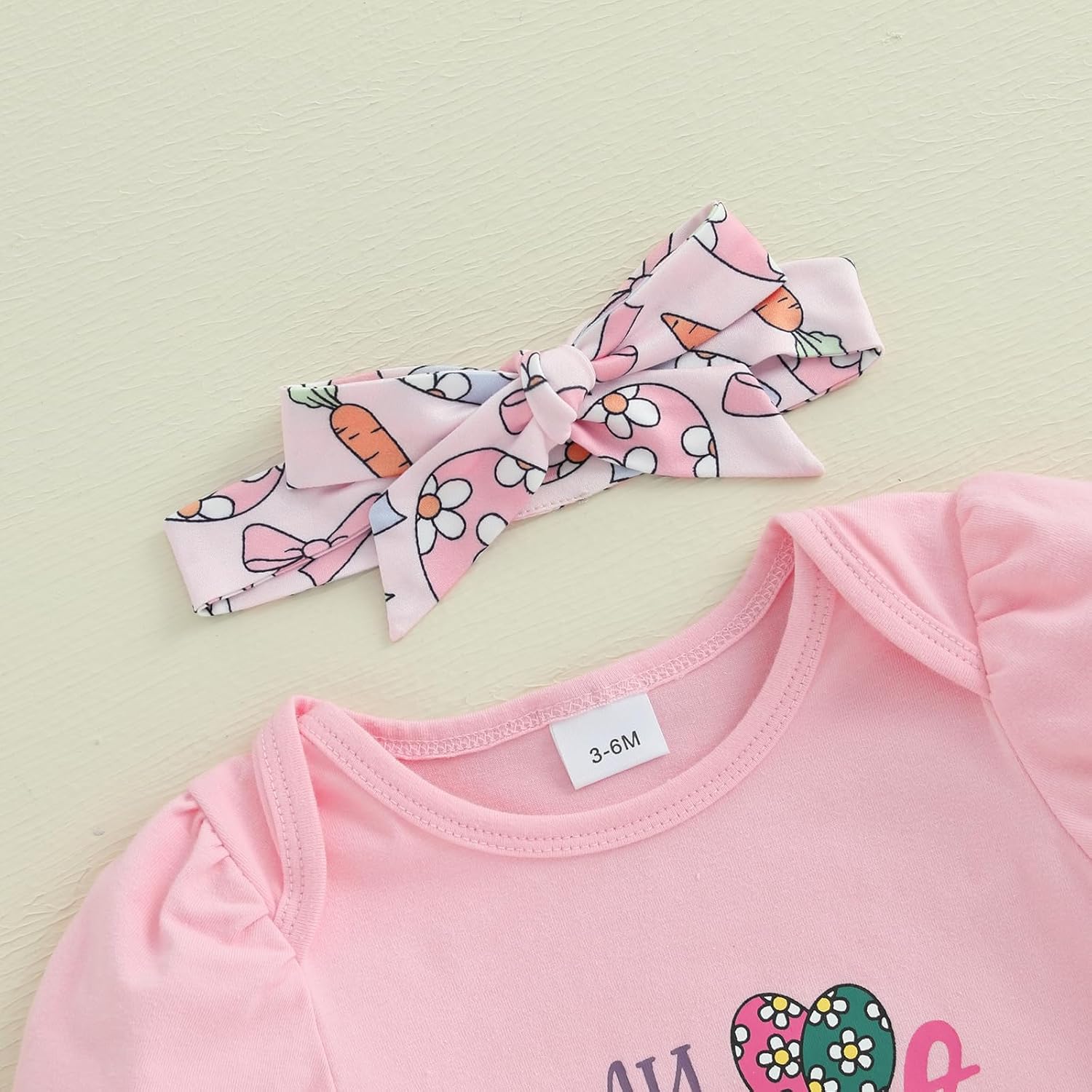 Baby Girl Easter Outfits My First Easter Short Sleeve Romper Tops Egg Carrot Print Bell Bottom Pants Set - Image 3