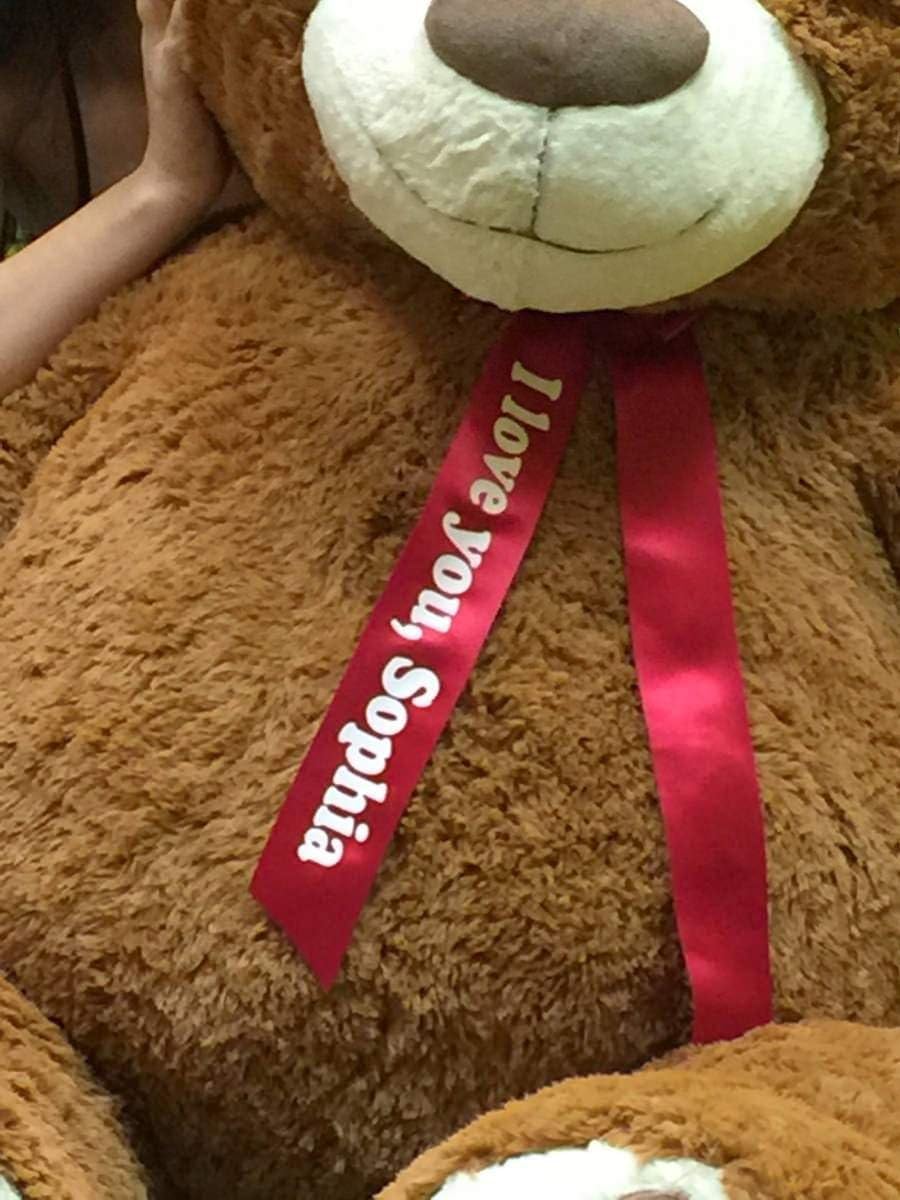 Custom Personalized 5 Foot Very Big Smiling Teddy Bear Five Feet Tall - Your Name or Message Imprinted on Bear's Neck Ribbon Bow - Cookie Dough Brown Color with Bigfoot Paws Giant Stuffed Animal Bear