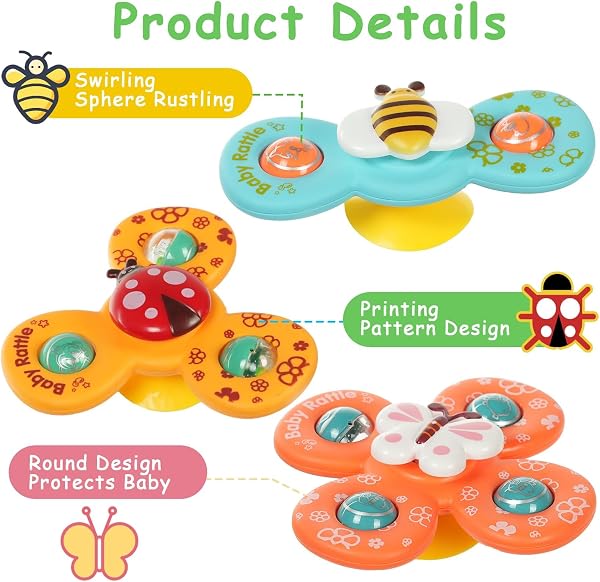 Ainiv 3 x Ladybird Bee Butterfly Cute Animals Baby Bath Toys, Rotating Suction Cups, Spinner Gift for Toddlers, Children, Girls, Boys - 2