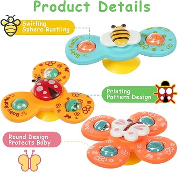 Ainiv 3PCS Suction Cup Spinner Toy for Baby, Spinners for 2 Year Old Babies | Plane Travel Toddler Sensory Toy, Suction Fidget Spinner for Baby Bath, Sensory Toys for Toddlers 1-3 Year Old