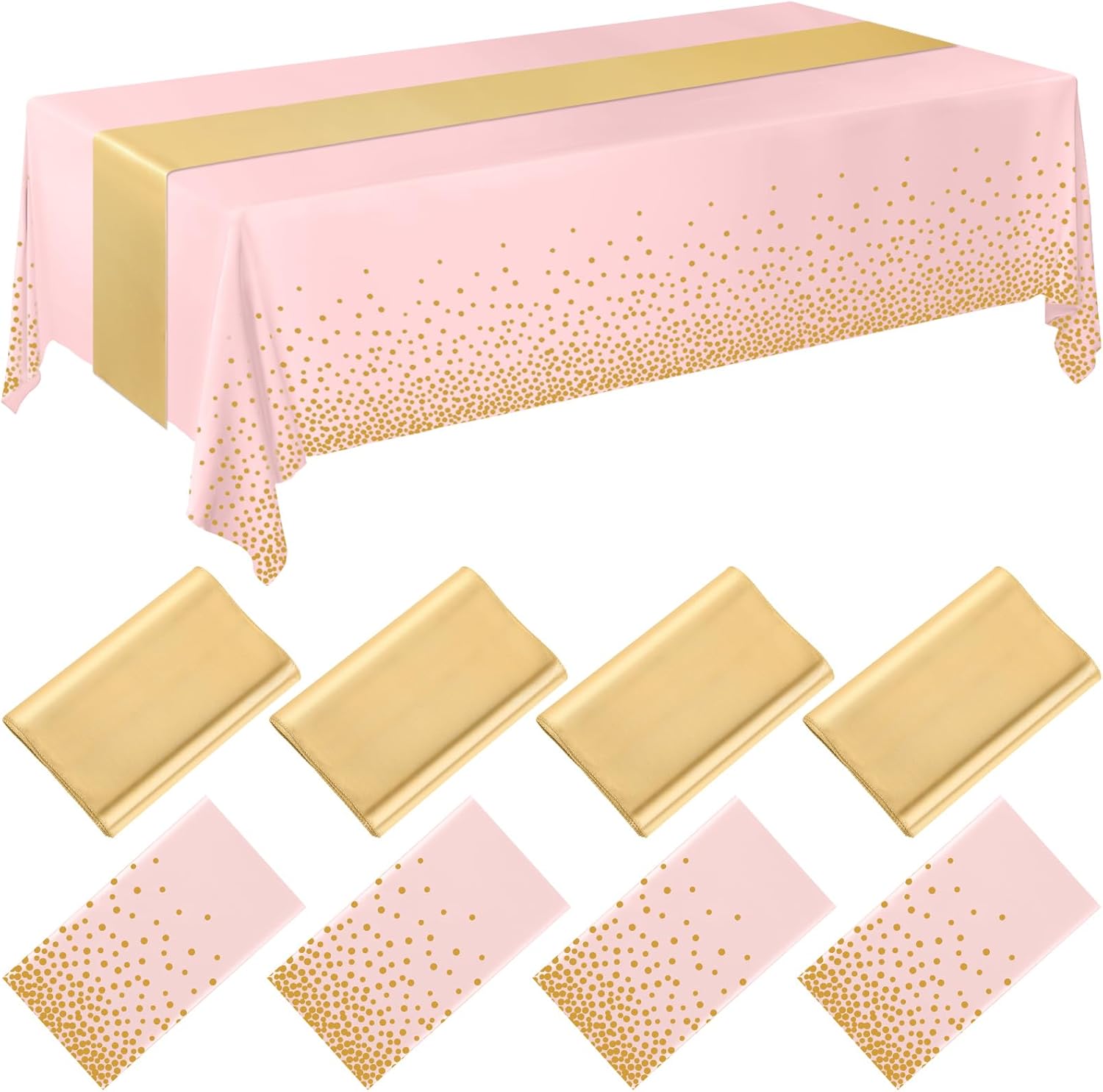 Breling 8 Pack Pink and Gold Disposable Plastic Tablecloths and Satin Table Runner