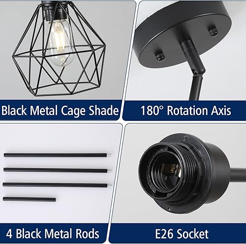 Miniatura 5 de Paquete de 2 luces colgantes negras para isla de cocina, moderna lámpara colgante de granja con pantalla de jaula de metal, lámpara colgante