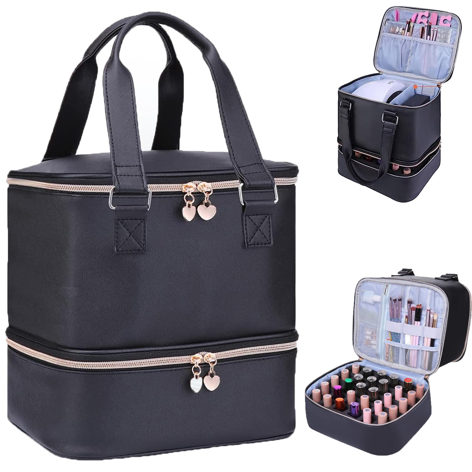 FCQQYWZ Nail Polish Organizer Case Hold 30+ Bottles (15ml/0.5 fl.oz) and a Nail Lamp, Double-Layer Nail Case Bag Nail Polish Organizer Bag, Nail