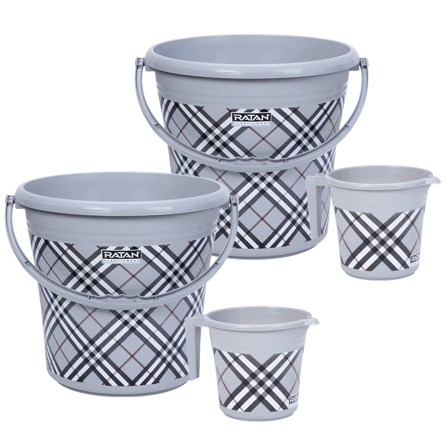 Ratan Plastics Frosty Checks Print Pack of 4 Bathroom Set (18L Bucket x 2 / 1L Mug x 2) - Grey (B09TZVDHH2) Amazon Price History, Amazon Price Tracker
