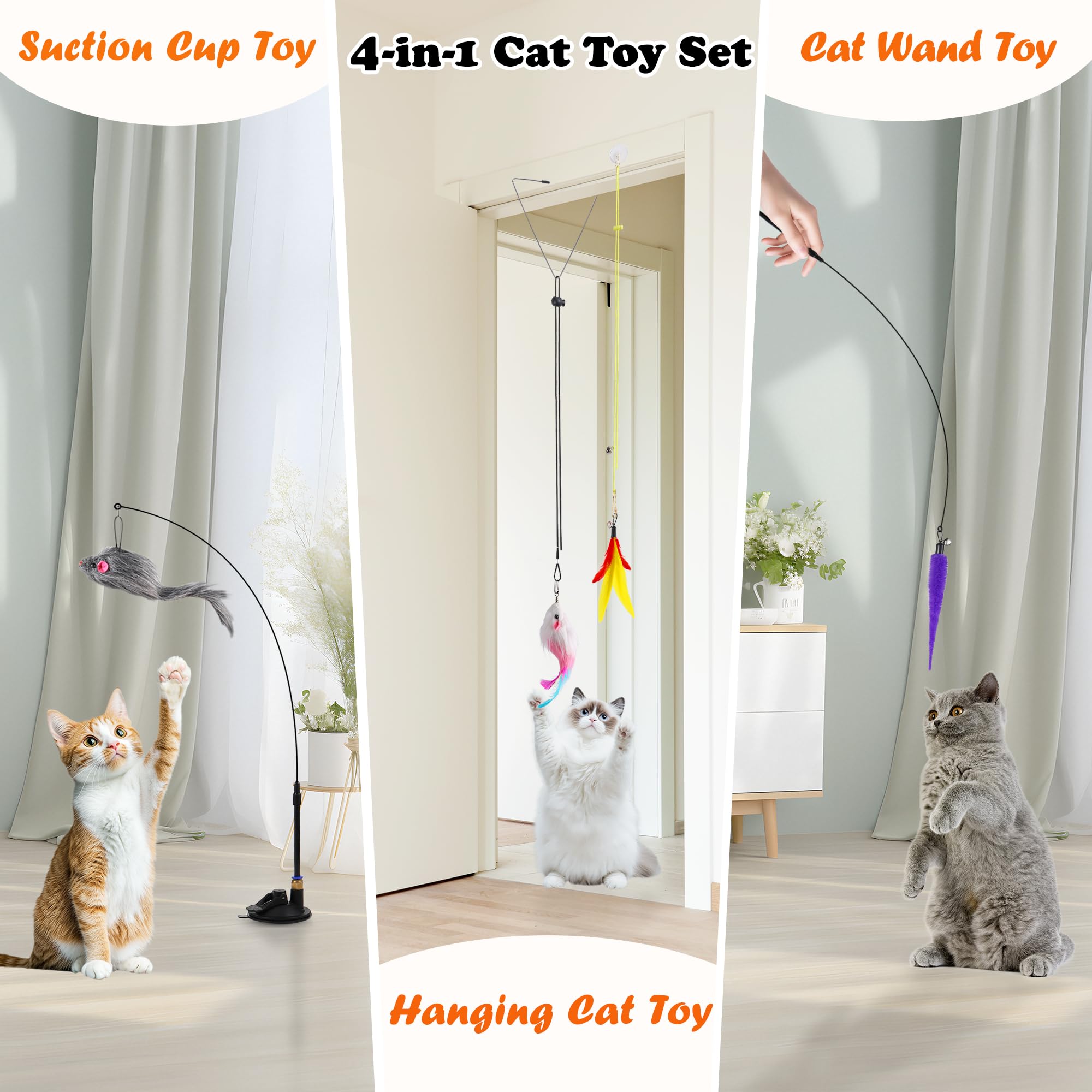 Soarer 4-in-1 Interactive Cat Feather Toys,12Pcs Durable Fishing Pole Cats Feathers Toy Replacements,Enhanced Suction Cup Cats Wand Toy,2 Types Door Hanging Cat String Toys for Indoor Kitten