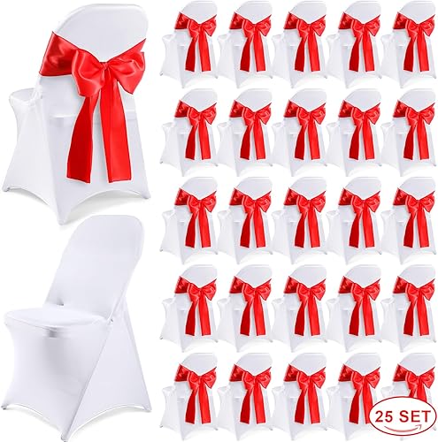 Miniatura 7 de Lounsweer Juego de 50 fundas plegables para sillas con 25 fundas elásticas de elastano, 25 bandas de satén para silla, lazos, cinta lavable,